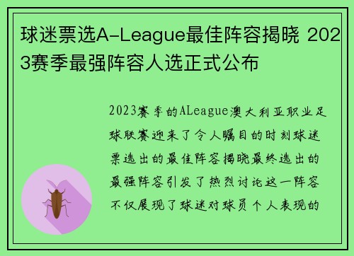 球迷票选A-League最佳阵容揭晓 2023赛季最强阵容人选正式公布 球迷票选A-League最佳阵容揭晓 2023赛季最强阵容人选正式公布