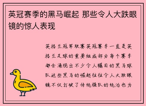 英冠赛季的黑马崛起 那些令人大跌眼镜的惊人表现 英冠赛季的黑马崛起 那些令人大跌眼镜的惊人表现